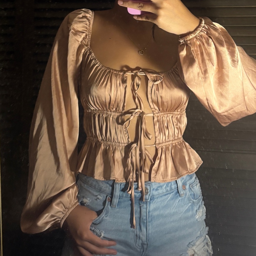 Elegant Satin Blouse with Balloon Sleeves